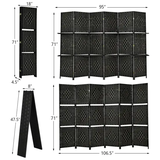 6 Panel Folding Weave Fiber Room Divider with 2 Display Shelves Black {4}