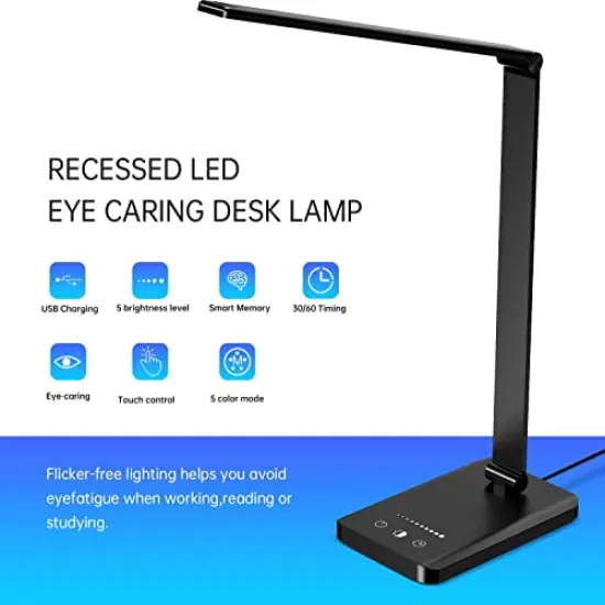 LED Desk Lamp with USB Charging Port, Dimmable Eye-Caring Reading Desk Light for Home, with 5 Brightness Level & 3 Lighting Modes, Touch Control, Auto Timer (Black) {1}