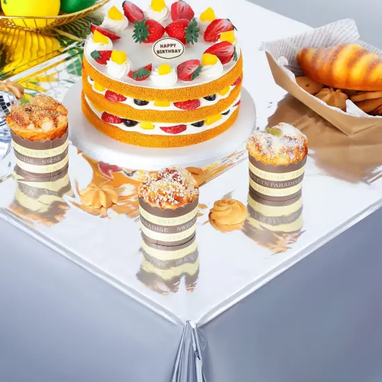 3 Pieces Foil Party Rectangular Table Covers Table Cloth 54 x 108 Inch Shiny Plastic Waterproof Tablecloth Party Table Cover for Wedding Anniversary Engagement Party (Silver) {3}