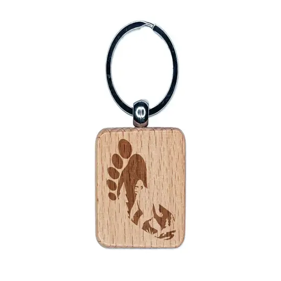 Bigfoot Sasquatch Silhouette in Footprint Engraved Wood Square Keychain Tag Charm {1}