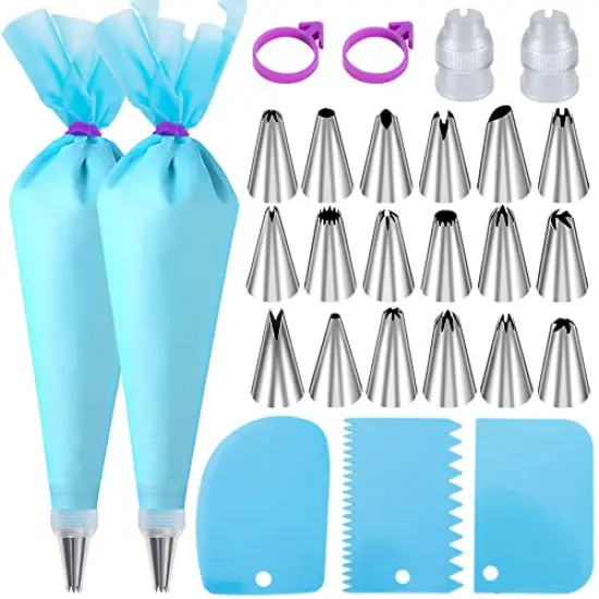 Piping Bags and Tips Set, Cakes Decorating Kit Supplies with 2 Reusable Pastry Bags, 18 Frosting Tips, 2 Couplers, 2 Bag Ties, 3 Cake Scraper, Cake Decorating Tools for Cookie Icing {1}