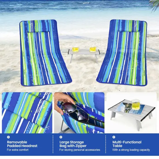 3 Pieces Beach Lounge Chair Mat Set 2 Adjustable Lounge Chairs with Table Stripe Blue and Green {3}