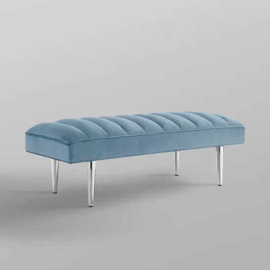 Denver Velvet Channel Tufted Bench with Mirrorred Lacquer Finish With Gold/Chrome Legs Blue/Chrome {5}