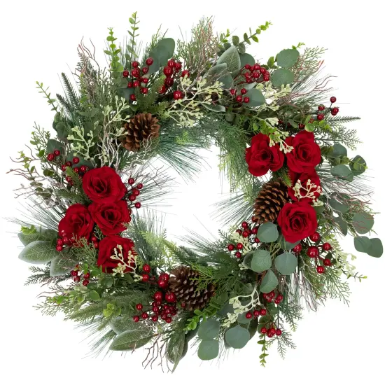 Northlight Real Touch&trade;️ Roses and Berries Artificial Christmas Wreath - 30" - Unlit Green {1}