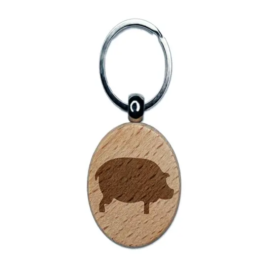 Pig Solid Side View Engraved Wood Round Keychain Tag Charm {1}