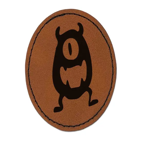 One Eyed Monster Creature Round Iron-On Engraved Faux Leather Patch Applique - 2.5" Brown {1}