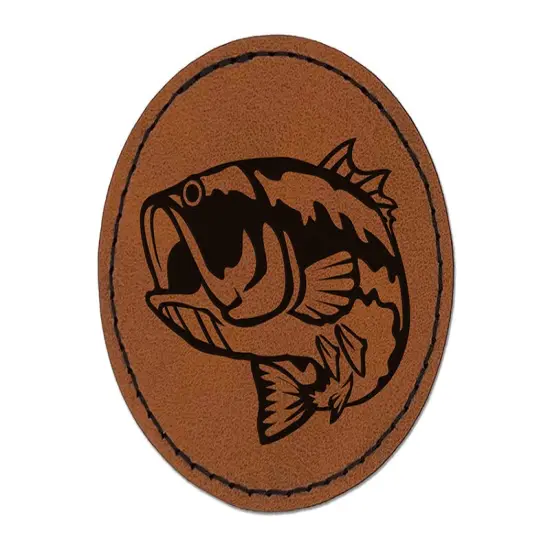 Largemouth Bass Fish Fishing Round Iron-On Engraved Faux Leather Patch Applique - 2.5" Brown {1}