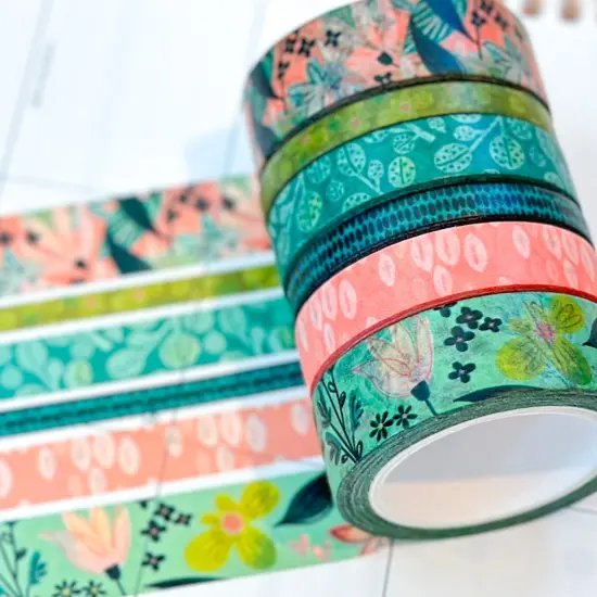 Spring Floral Blue and Green Whimsical Washi Tape Set - W044 {1}