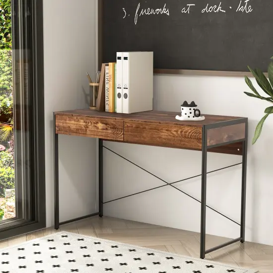 44 Inch Home Office Desk with 2 Separate Drawers and Steel Frame Rustic Brown {1}