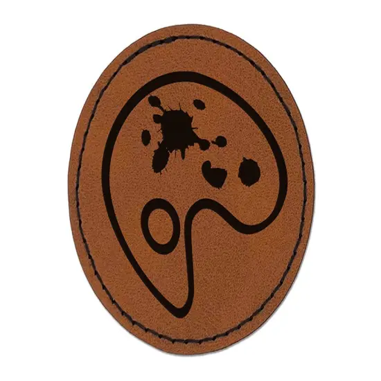 Painter Painting Artist Palette Abstract Round Iron-On Engraved Faux Leather Patch Applique - 2.5" Brown {1}