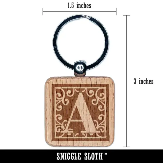 Monogram Swirls Capital Letter A Engraved Wood Square Keychain Tag Charm {2}