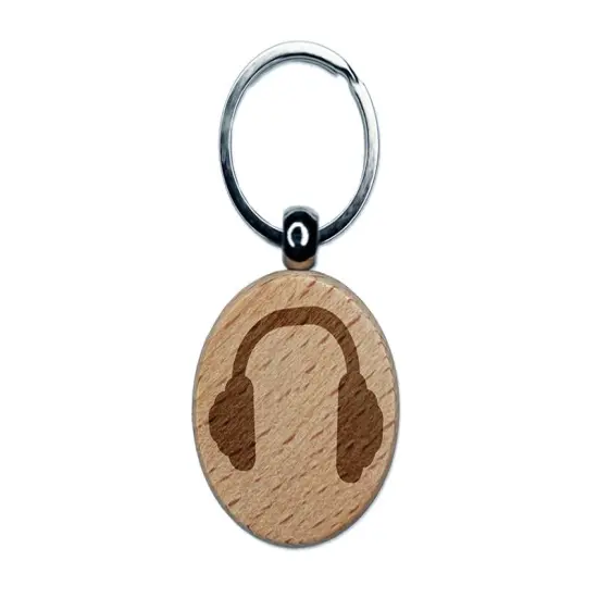 Headphones Ear Solid Engraved Wood Round Keychain Tag Charm {1}