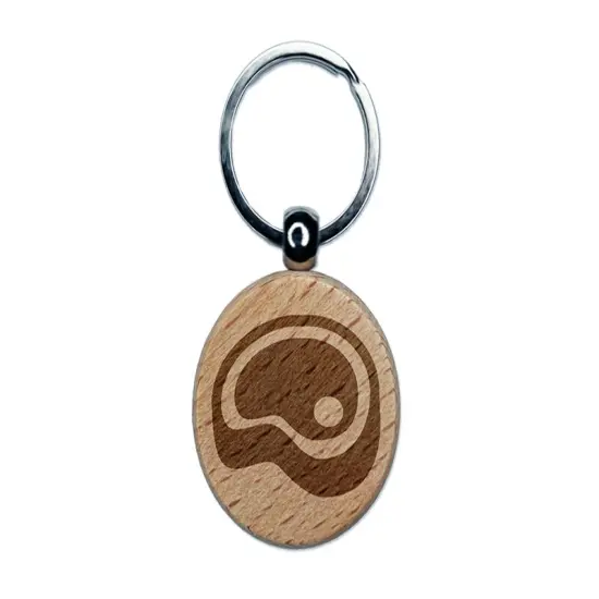 Steak Beef Dinner Icon Engraved Wood Round Keychain Tag Charm {1}