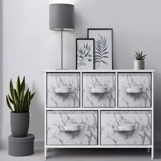 Sorbus Dresser with 5 Drawers - Storage Chest Organizer Unit with Steel Frame, Wood Top, Easy Pull Fabric Bins - Long Wide TV Stand for Bedroom Furniture, Hallway, Closet & Office Organization Marble white {6}