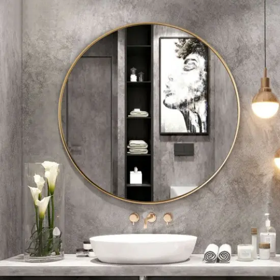 27.5" Modern Metal Wall-Mounted Rounded Mirror Perfect for Any Room Golden {7}