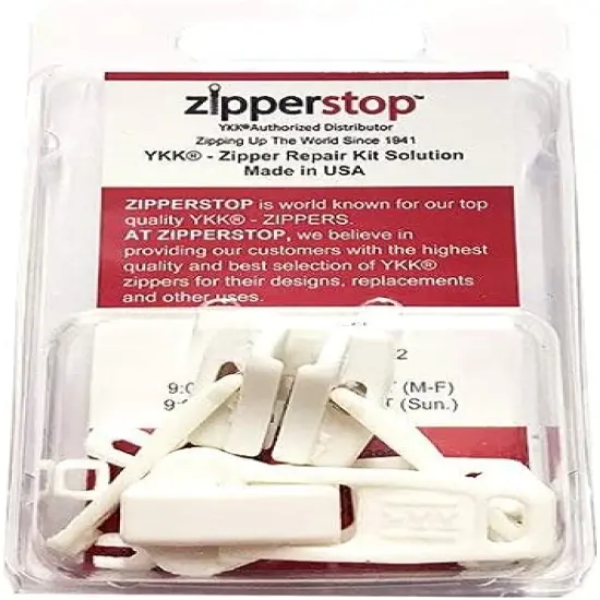 YKK Zipper Repair Kit Solution Vislon #10 Slider/Pull Type Plastic -Top Stoppers (Made in USA) in Clamshell Box w/Hanger (Non Lock Double Pulls, White 2 Pulls-top-stoppers) {1}