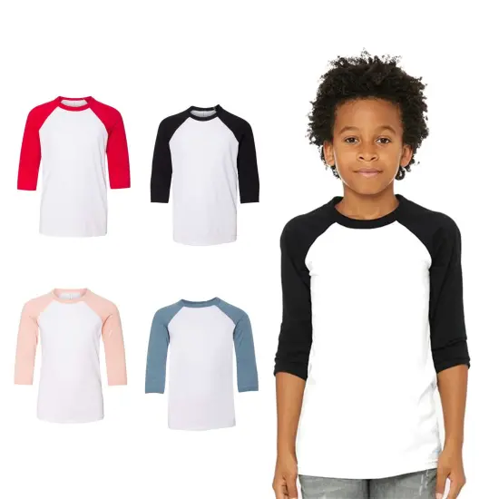 Bella + Canvas&reg; Youth Three Quarter Sleeve Baseball Tee - 3200Y White/ heather peac {2}