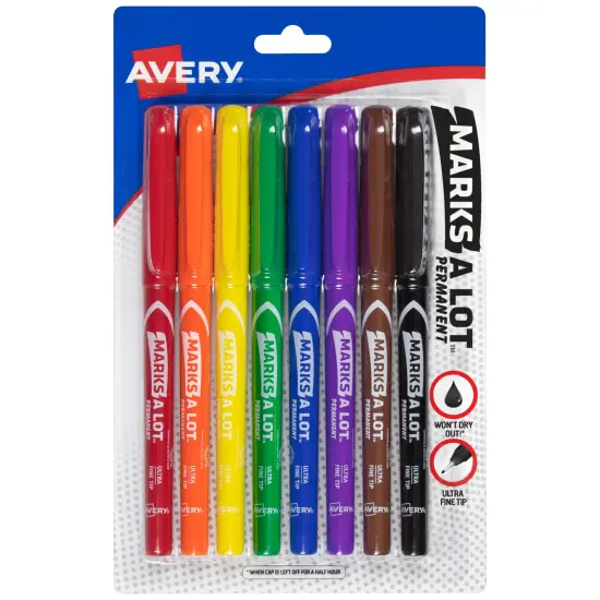 Avery Marks A Lot Permanent Markers, Pen-Style Size, Ultra Fine Tip, 8 Assorted Markers (09231) {1}