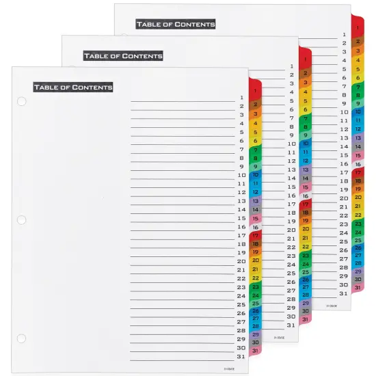 Office Essentials 1-31 Tab Table 'n Tabs Dividers for 3 Ring Binders, Printable Table of Contents, Multicolor Tabs, 3 Sets (21892) {1}
