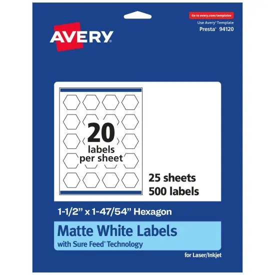 Avery Matte White Hexagon Labels with Sure Feed, 1-1/2" x 1-47/54" {7}