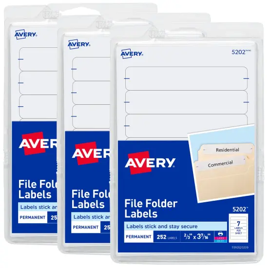 Avery Easy Peel Permanent File Folder Labels on 4" x 6" Sheets, 2/3" x 3-7/16", White, 3 Pack, 756 Labels Total (32131) {1}