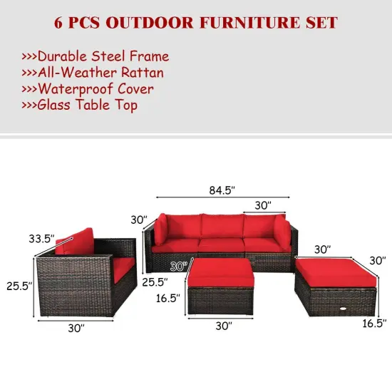 6 Pcs Patio Rattan Furniture Set with Sectional Cushion Red {4}