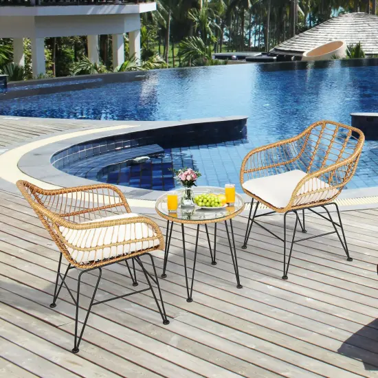 3 Pieces Rattan Furniture Set with Cushioned Chair Table White {2}