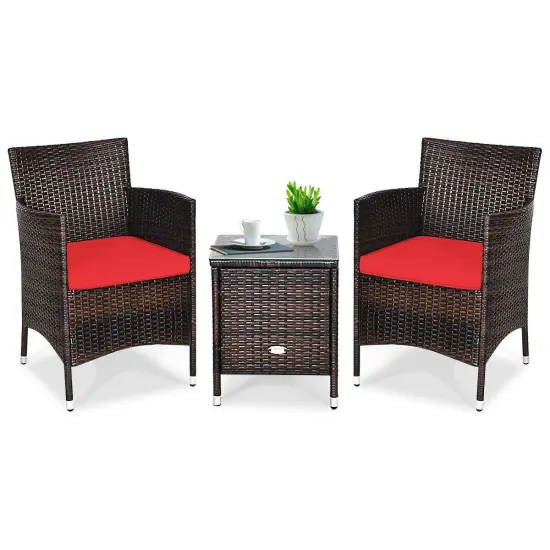 3 Pieces Patio Wicker Rattan Furniture Set with Steel Frame and Polyester Cushions Red {4}