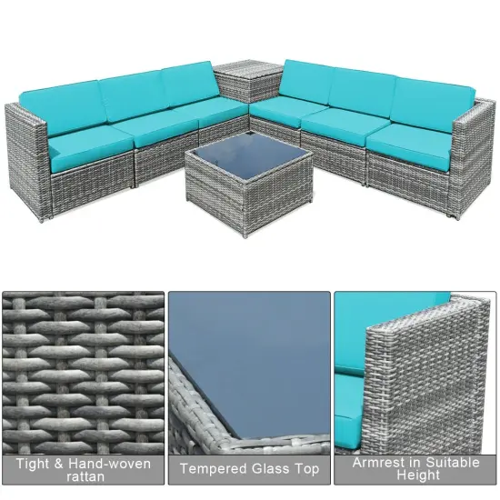 8 Piece Wicker Sofa Rattan Dinning Set Patio Furniture With Storage Table Turquoise {6}