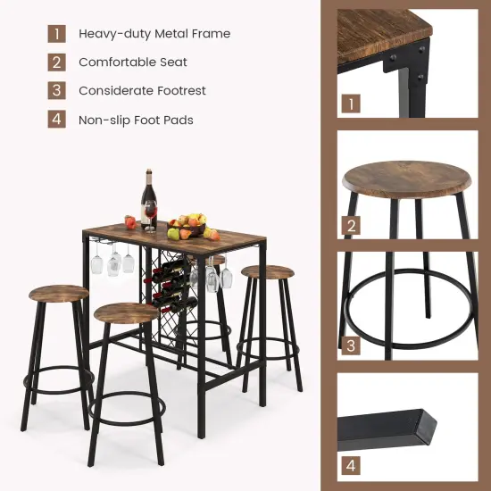 5 Pieces Bar Table and Stools Set with Wine Rack and Glass Holder-Rustic Brown {5}