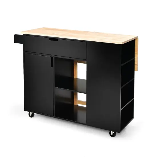 Drop-Leaf Kitchen Island with Rubber Wood Top Black {3}