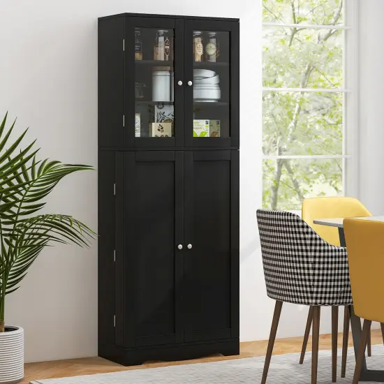 Tall Kitchen Pantry Cabinet with Dual Tempered Glass Doors and Shelves Black {1}