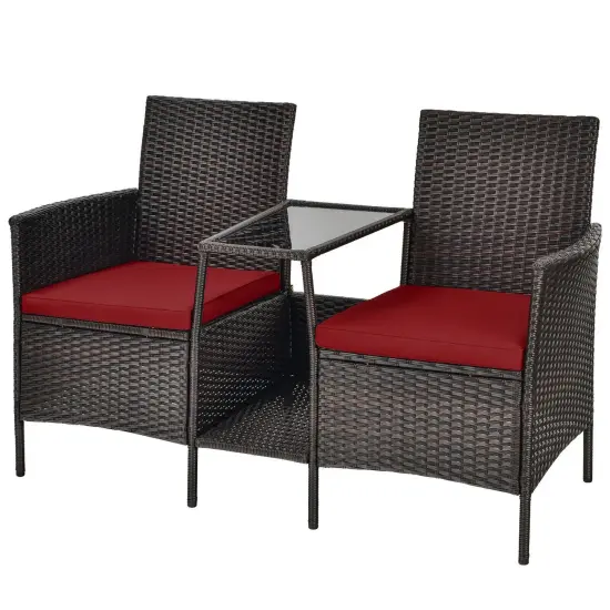 Patio Rattan Wicker Conversation Set Sofa Cushioned Loveseat Glass Table Red {3}