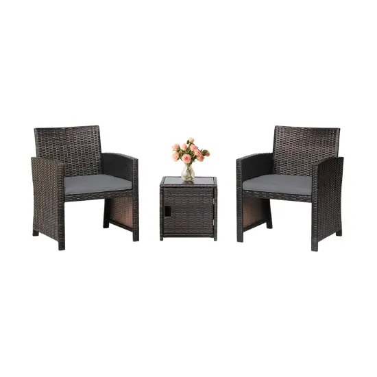 3 Pieces Patio Wicker Furniture Set with Storage Table and Protective Cover Grey {3}
