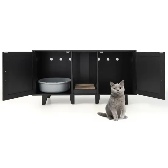 2-Door Cat Litter Box Enclosure with Winding Entry and Scratching Board-Black {3}