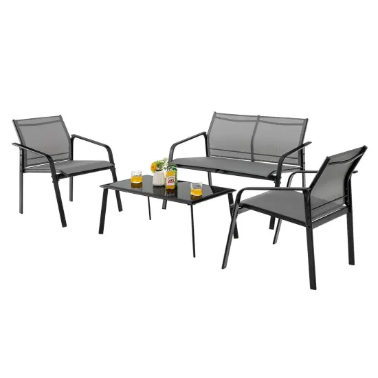 4 Pieces Patio Furniture Set with Armrest Loveseat Sofas and Glass Table Deck Grey {4}