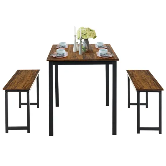 3 Pieces Dining Table Set with 2 Benches for Dining Room Kitchen Bar Brown {4}