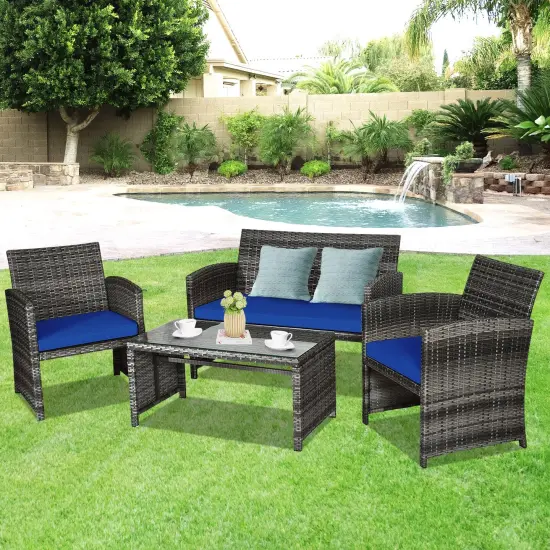 4 Pieces Patio Rattan Furniture Set with Glass Table and Loveseat Navy {2}