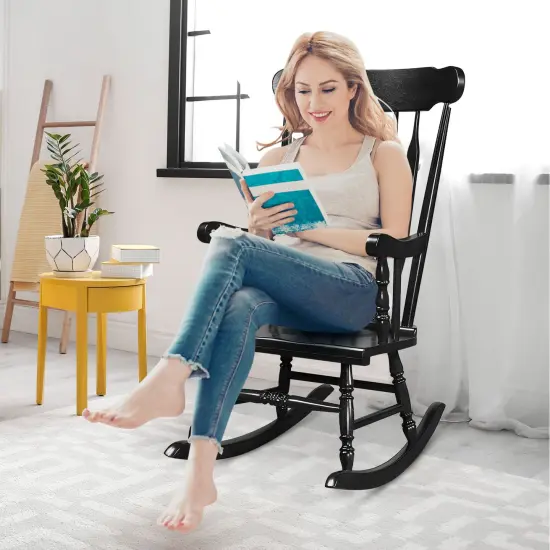 Solid Wood Porch Glossy Finish Rocking Chair Black {6}