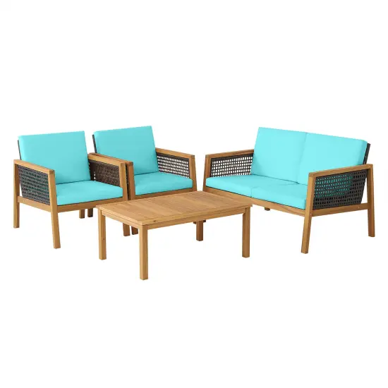 4 Pieces Patio Rattan Furniture Set with Removable Cushions Turquoise {3}
