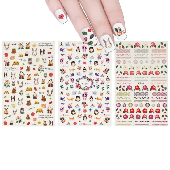 Wrapables 3 Sheets Whimsical Girl Flowers & Bunny Nail Art Whimsical Flowers & Bunny Nail Stickers {1}