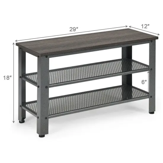 3-Tier Shoe Rack Industrial Shoe Bench with Storage Shelves Black {4}