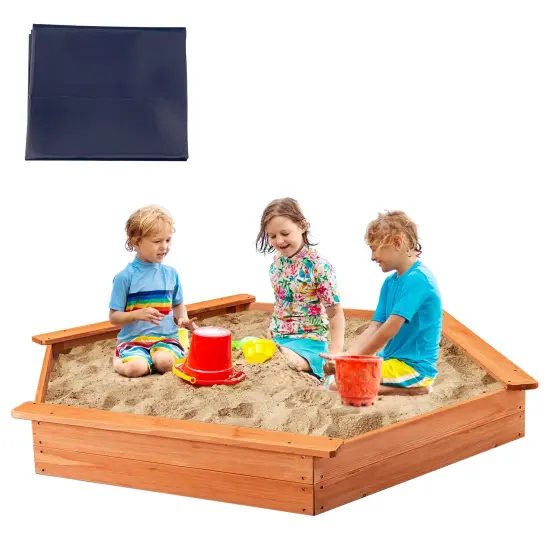 Hexagon Wooden Cedar Sand Box with Seat Boards {3}