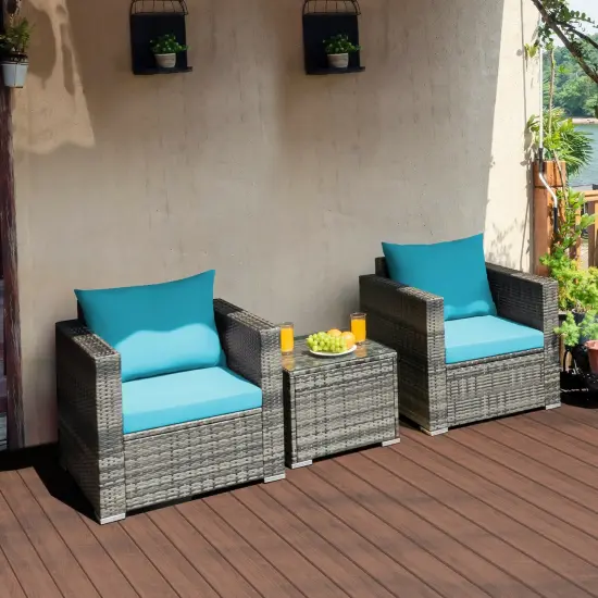3 Pcs Patio Rattan Furniture Bistro Sofa Set with Cushioned Turquoise {3}