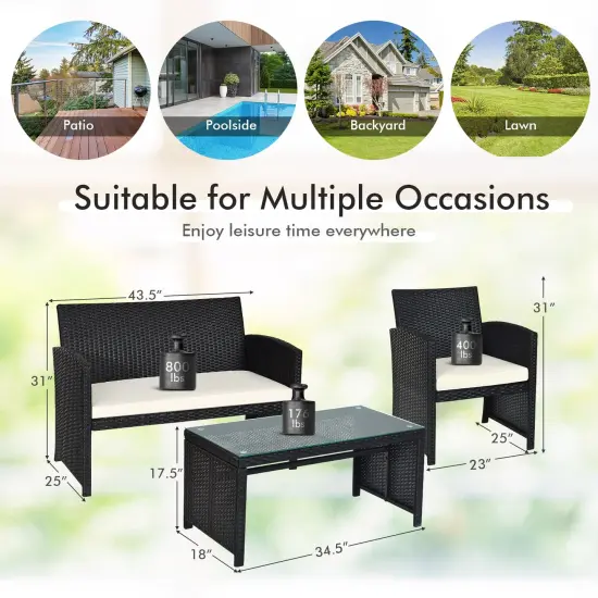 4 Pcs Wicker Conversation Furniture Set Patio Sofa and Table Set White {5}