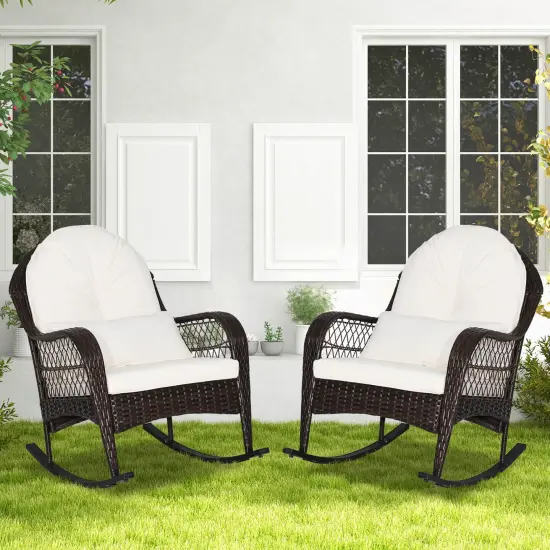 Patio Rattan Rocking Chair with Seat Back Cushions and Waist Pillow White {2}