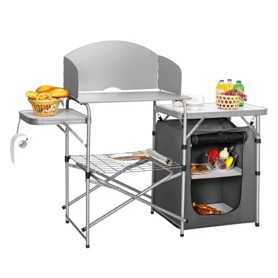 Fold-able Outdoor BBQ Portable Grilling Table With Windscreen Bag Grey {4}