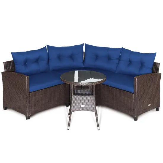 4 Pieces Patio Rattan Furniture Set Cushioned Sofa Glass Table Navy {3}