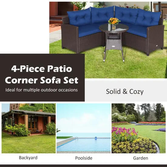 4 Pieces Patio Rattan Furniture Set Cushioned Sofa Glass Table Navy {2}