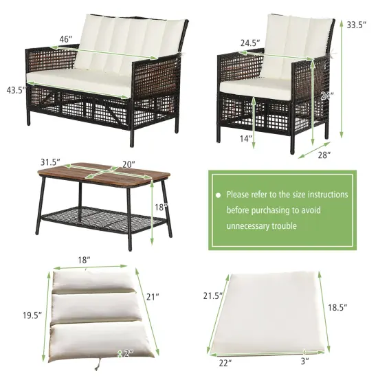 4 Pieces Patio Rattan Furniture Set with 2-Tier Coffee Table-White {4}